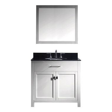 Virtu USA Caroline 36" Single Bathroom Vanity in White with Black Galaxy Granite Top and Round Sink with Mirror