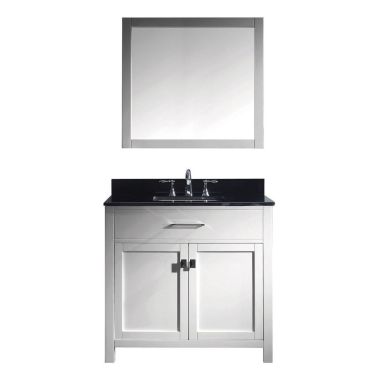 Virtu USA Caroline 36" Single Bathroom Vanity in White with Black Galaxy Granite Top and Square Sink with Mirror