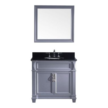 Virtu USA Victoria 36" Single Bathroom Vanity in Grey with Black Galaxy Granite Top and Round Sink with Mirror