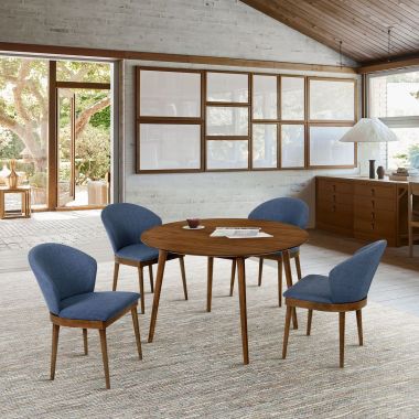 Armen Living Arcadia and Juno 48" Round Blue and Walnut Wood 5Pc Dining Set