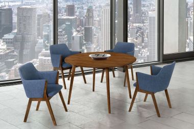 Armen Living Arcadia and Renzo 48" Round Blue and Walnut Wood 5Pc Dining Set