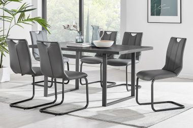 Armen Living Fenton and Pacific 7Pc Modern Rectangular Dining Set with Black Base in Black Melamine Wood and Gray Fabric