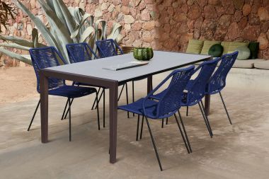 Armen Living Fineline and Clip Indoor Outdoor 7Pc Dining Set in Dark Eucalyptus Wood with Superstone and Blue Rope