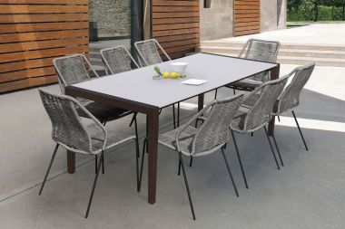 Armen Living Fineline and Clip Indoor Outdoor 9Pc Dining Set in Dark Eucalyptus Wood with Superstone and Grey Rope