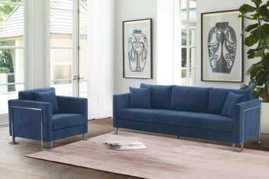 Armen Living Heritage 2Pc Blue Fabric Upholstered Sofa & Chair Set