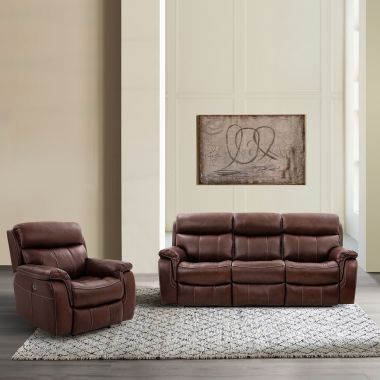 Armen Living Montague Dual Power Reclining 2Pc Sofa and Recliner Set in Genuine Brown Leather