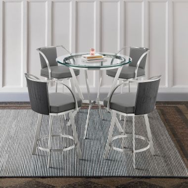 Armen Living Naomi and Livingston 5Pc Counter Height Dining Set in Grey Faux Leather