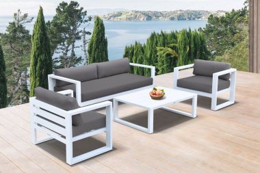 Armen Living Aelani Outdoor 4Pc Set in White Finish and Charcoal Cushions