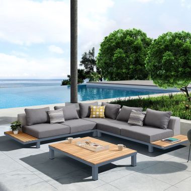 Armen Living Polo 4Pc Outdoor Sectional Set with Dark Gray Cushions