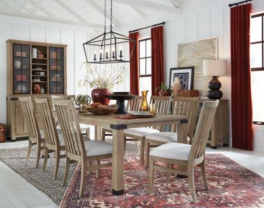 Magnussen Madison Heights 9pc Dining Table Set with Slat Back Chair in Weathered Fawn Finish