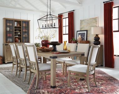 Magnussen Madison Heights 9pc Dining Table Set with Upholstered Seat and Back Chair in Weathered Fawn Finish