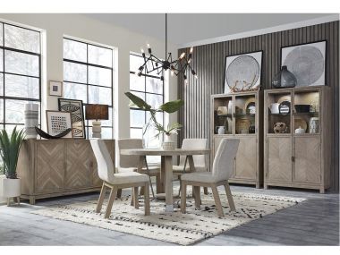 Magnussen Ainsley 5pc Round Dining Table Set with Upholstered Host Back Chair in Cerused Khaki