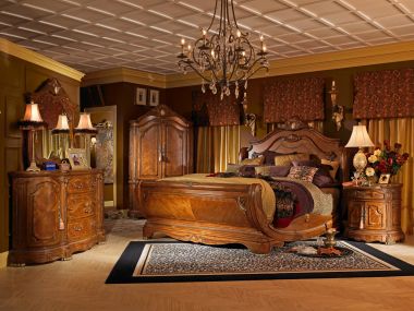 AICO Michael Amini 4pc Cortina Queen Size Bedroom Sets in Honey Walnut