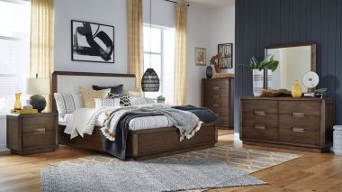 Magnussen Nouvel 4pc King Panel Bedroom Set in Russet Finish, Pearl Fabric