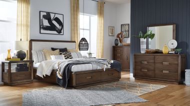 Magnussen Nouvel 4pc California King Panel Bedroom Storage Set in Russet Finish, Pearl Fabric