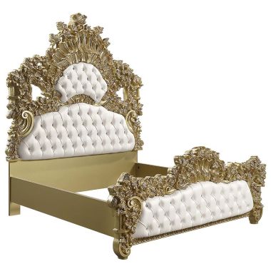 ACME Bernadette Eastern King Bed, White PU & Gold Finish