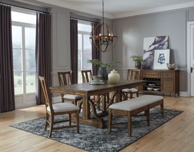 Magnussen Bay Creek 6pc Trestle Dining Table Set and Bench with Back in Toasted Nutmeg
