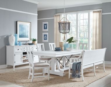 Magnussen Heron Cove 6pc Trestle Dining Table Set with Bench with Back in Chalk White Finish