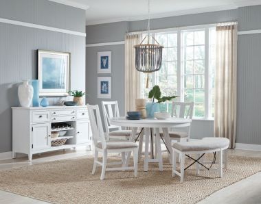 Magnussen Heron Cove 5pc Round Dining Table Set with Curved Bench in Chalk White Finish
