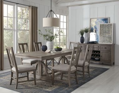 Magnussen Paxton Place 7pc Trestle Dining Table Set in Dovetail Grey, Weathered Bronze Metal