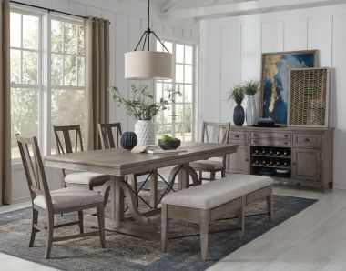Magnussen Paxton Place 6pc Trestle Dining Table Set with Bench in Dovetail Grey, Weathered Bronze Metal