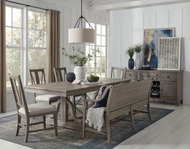 Magnussen Paxton Place 6pc Trestle Dining Table Set with Bench with Back in Dovetail Grey, Weathered Bronze Metal