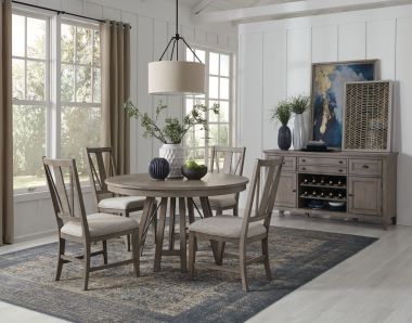 Magnussen Paxton Place 5pc Round Dining Table Set in Dovetail Grey, Weathered Bronze Metal
