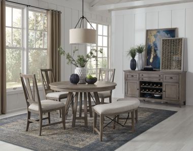 Magnussen Paxton Place 5pc Round Dining Table Set with Bench in Dovetail Grey, Weathered Bronze Metal