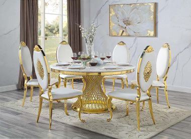 ACME Fallon 7pc Dining Table Set in Faux Marble Top / Mirrored Gold Finish