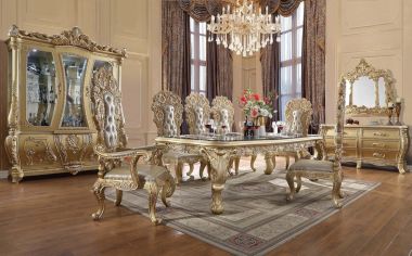ACME Cabriole 9pc Dining Table Set, Gold Finish