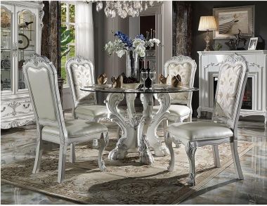 ACME Dresden 5pc Round Glass Top Dining Table Set, Bone White Finish