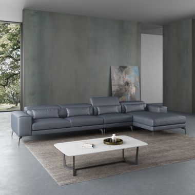 European Furniture Cavour Mansion Right Hand Facing Sectional in Smokey Gray Italian Leather