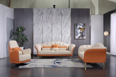 European Furniture Amalia 3pc Livingroom Set in White-Orange Italian Leather
