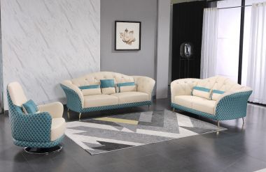 European Furniture Amalia 3pc Livingroom Set in White-Blue Italian Leather