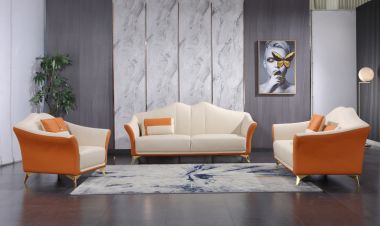 European Furniture Winston 3pc Livingroom Set in White-Orange Italian Leather