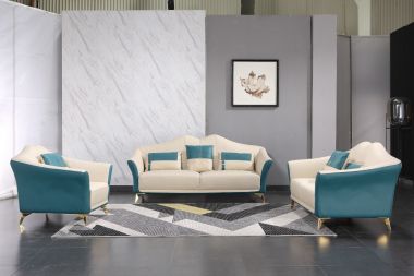 European Furniture Winston 3pc Livingroom Set in White-Blue Italian Leather