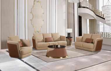 European Furniture Glamour 3pc Livingroom Set in Tan-Brown Italian Leather