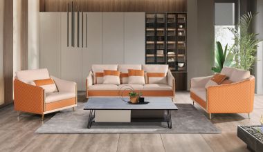 European Furniture Icaro 3pc Livingroom Set in Italian Leather Off White-Orang