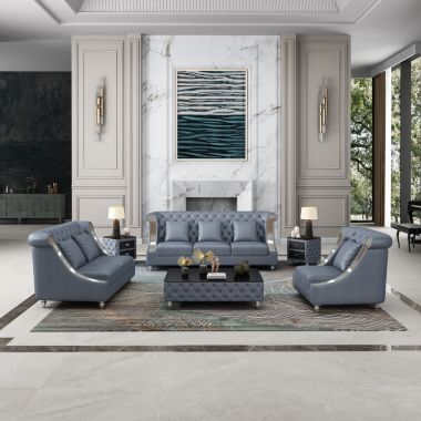 European Furniture Mayfair 3pc Premium Italian Leather Livingroom Set in Gray