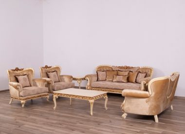 European Furniture Fantasia Luxury 3pc Livingroom Set in Antique Beige with Dark Gold Leaf