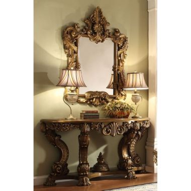 Homey Design HD-8008 Console Table with Mirror in Metallic Antique Gold and Perfect Brown