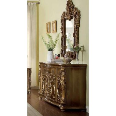 Homey Design HD-8008 Dresser/Buffet with Mirror in Metallic Antique Gold and Perfect Brown
