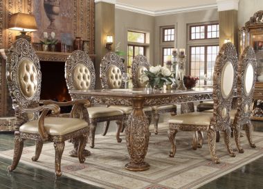 Homey Design HD-8018 9pc Dining Table Set in Brown Gold Tone