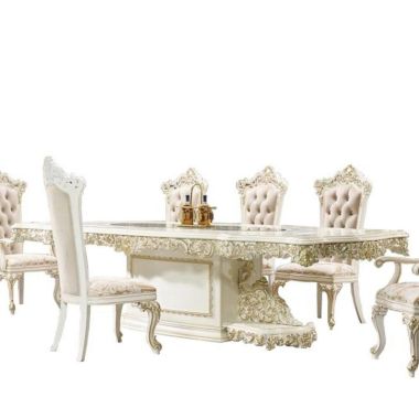 Homey Design HD-959 Dining Table in Antique White with Gold Accents