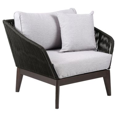 Armen Living Athos Indoor Outdoor Club Chair in Dark Eucalyptus Wood with Charcoal Rope and Grey Cushions