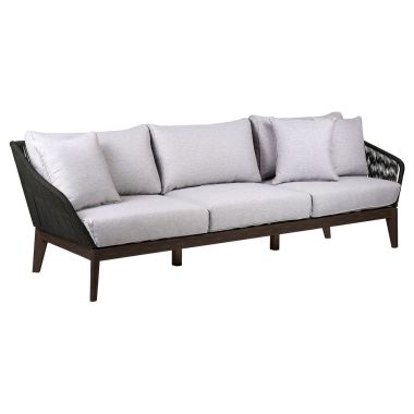 Armen Living Athos Indoor Outdoor 3 Seater Sofa in Dark Eucalyptus Wood with Charcoal Rope and Grey Cushions