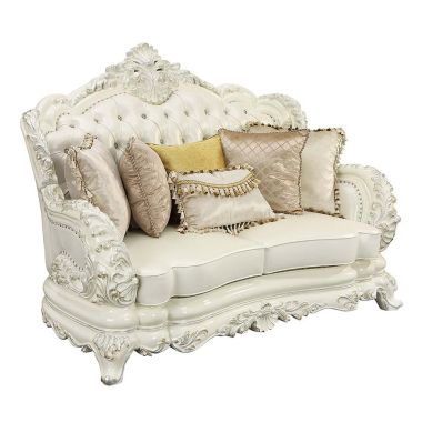 ACME Adara Loveseat with 5 Pillows in White PU / Antique White Finish