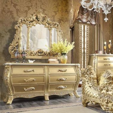 Homey Design HD-1801 Dresser with Mirror in Metallic Antique Gold