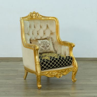 European Furniture Luxor Chair in Gold Leaf, Black Gold Fabric