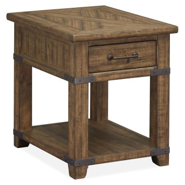 Magnussen Chesterfield Rectangular End Table in Farmhouse Timber, Forged Iron